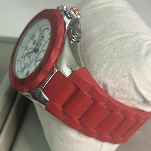 Michele Tahitian Jelly Bean Red & Silver Chrongraph Watch - Perfect Condition - Picture 6 of 11